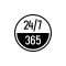 24/7 hours and 365 days icon. Any time working service or support symbol. Adjustable outline stroke line width.